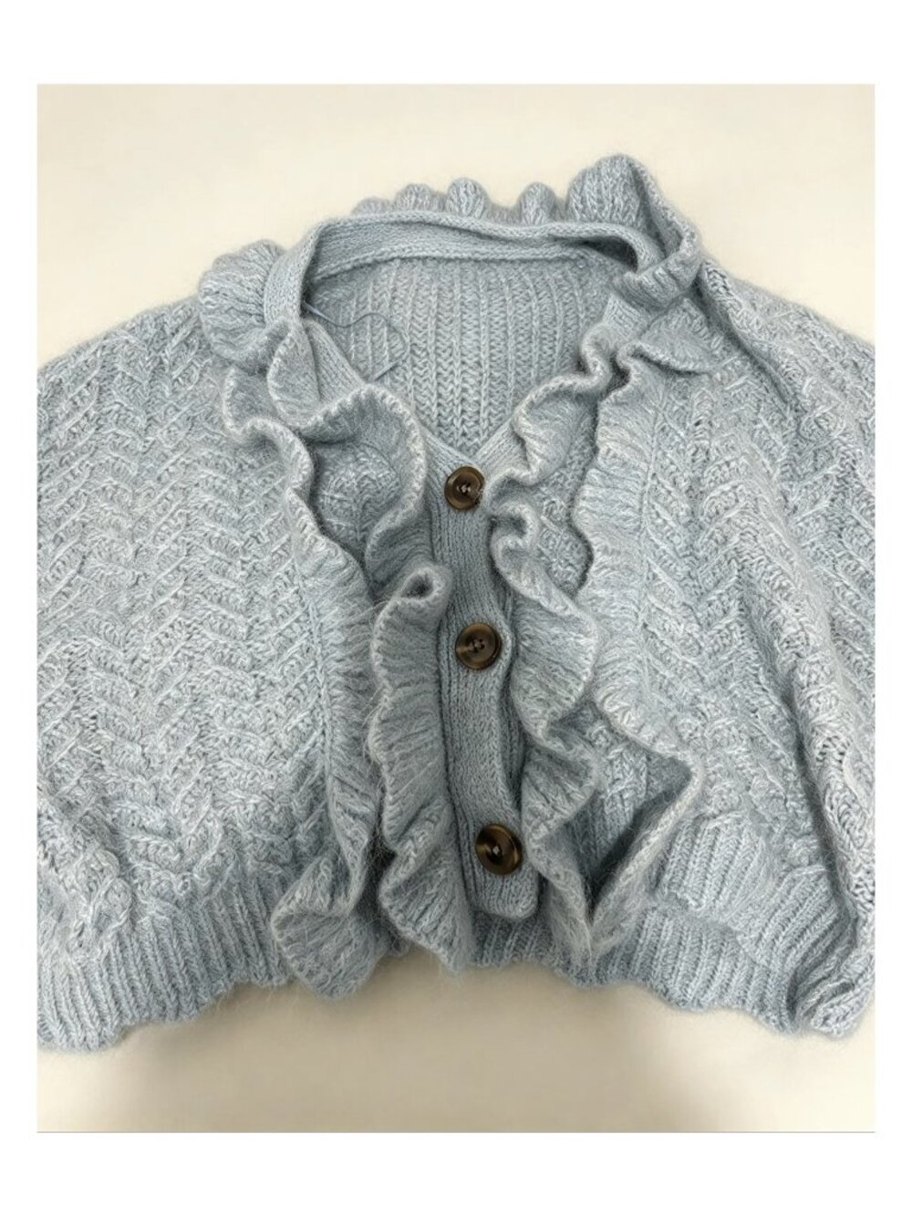 Zara Cardigan bleu clair volants, Femme S — Light Blue Ruffle Cardigan